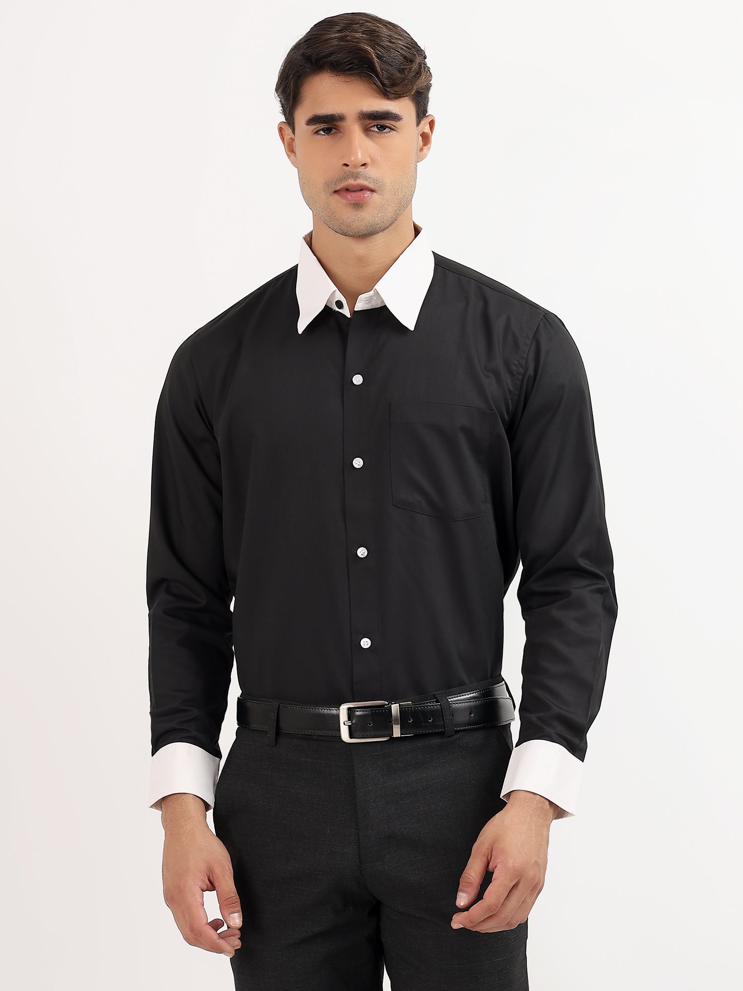 Black Shirt with White Collar and Cuff