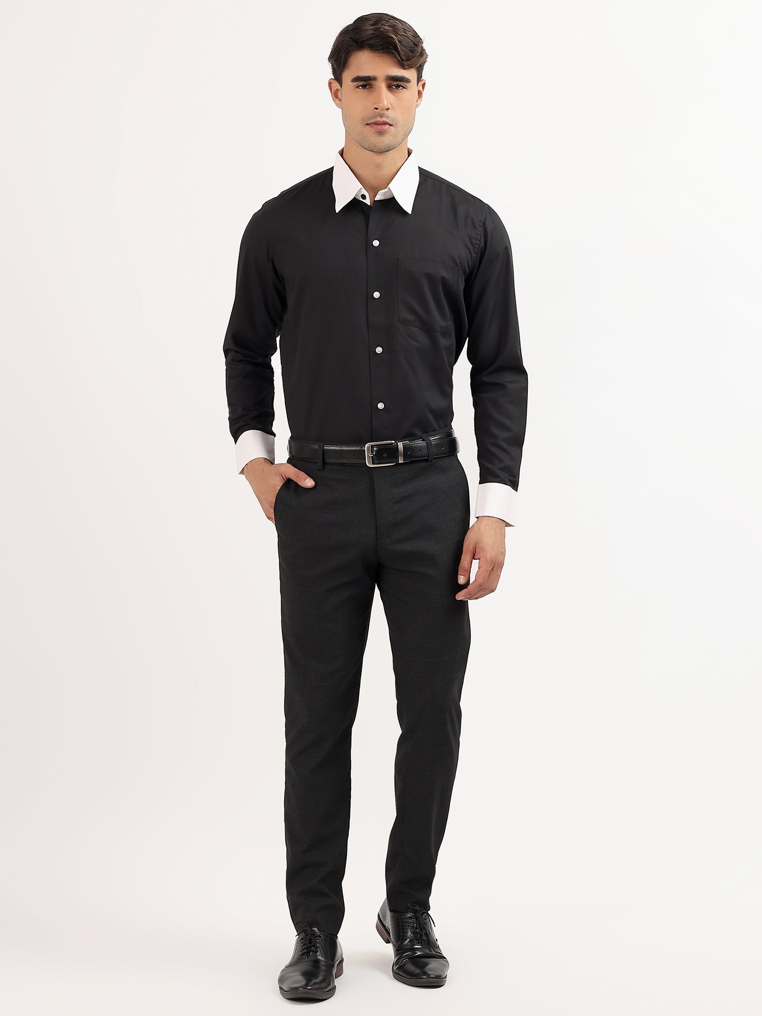 Black Shirt with White Collar and Cuff