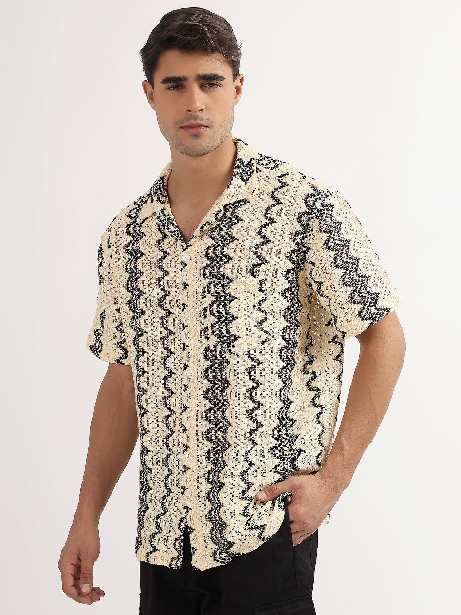 Cream – Black Cotton Knitted Half Sleeves Shirt