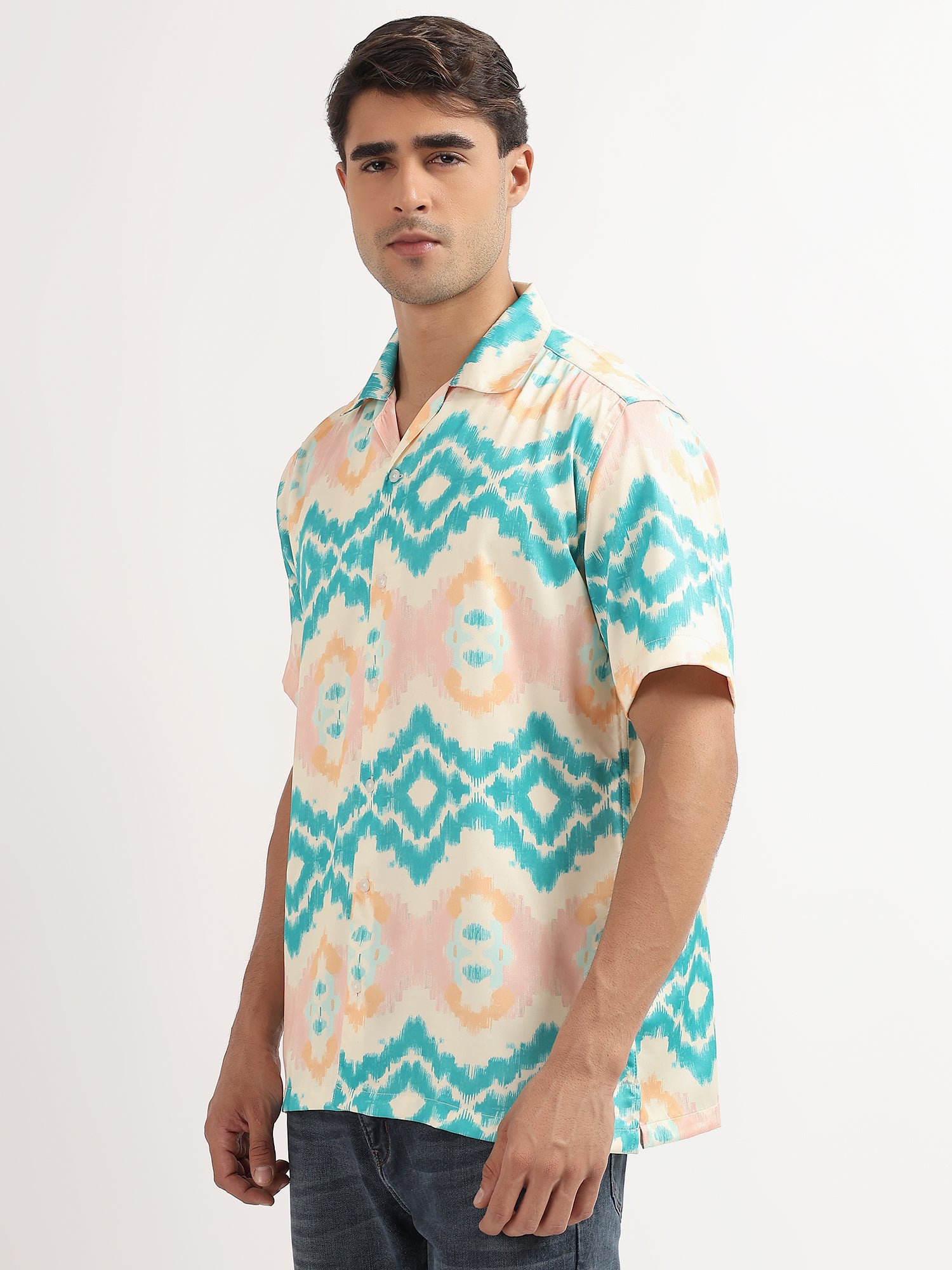 Cream-Blue Ikat Cuban Collar Resort Shirt