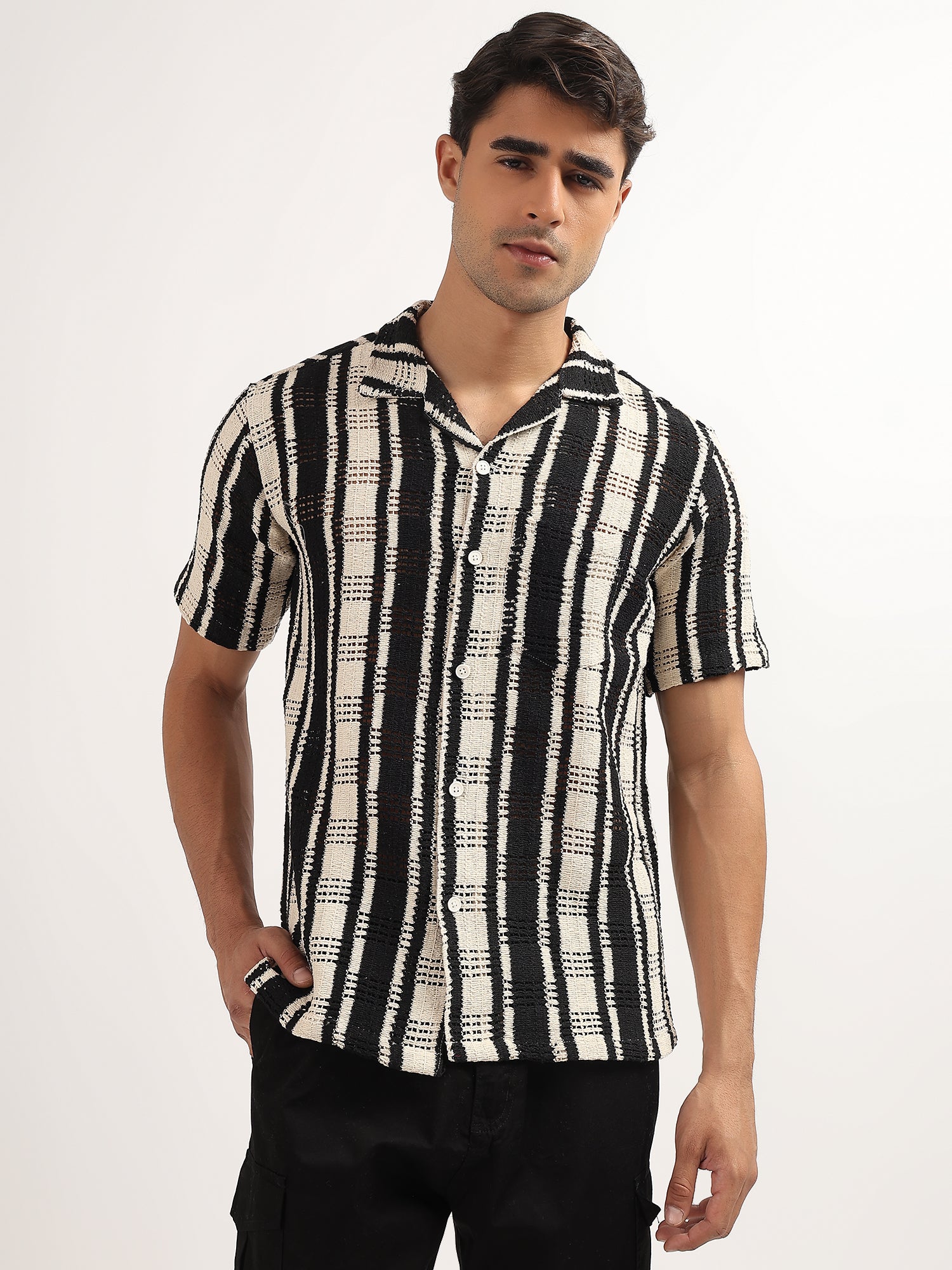 Black – White Knitted Half Sleeves Shirt