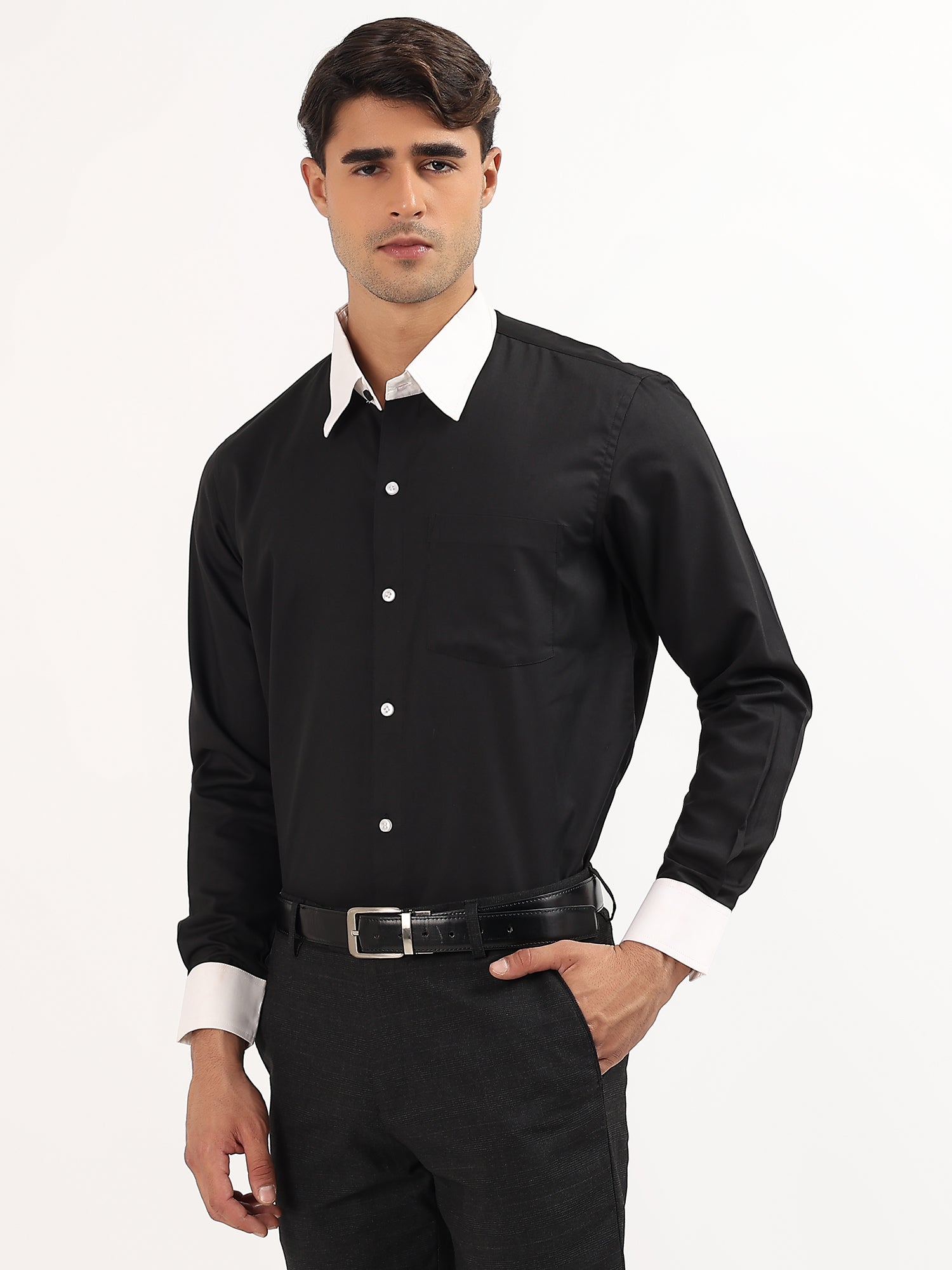 Black Shirt with White Collar and Cuff