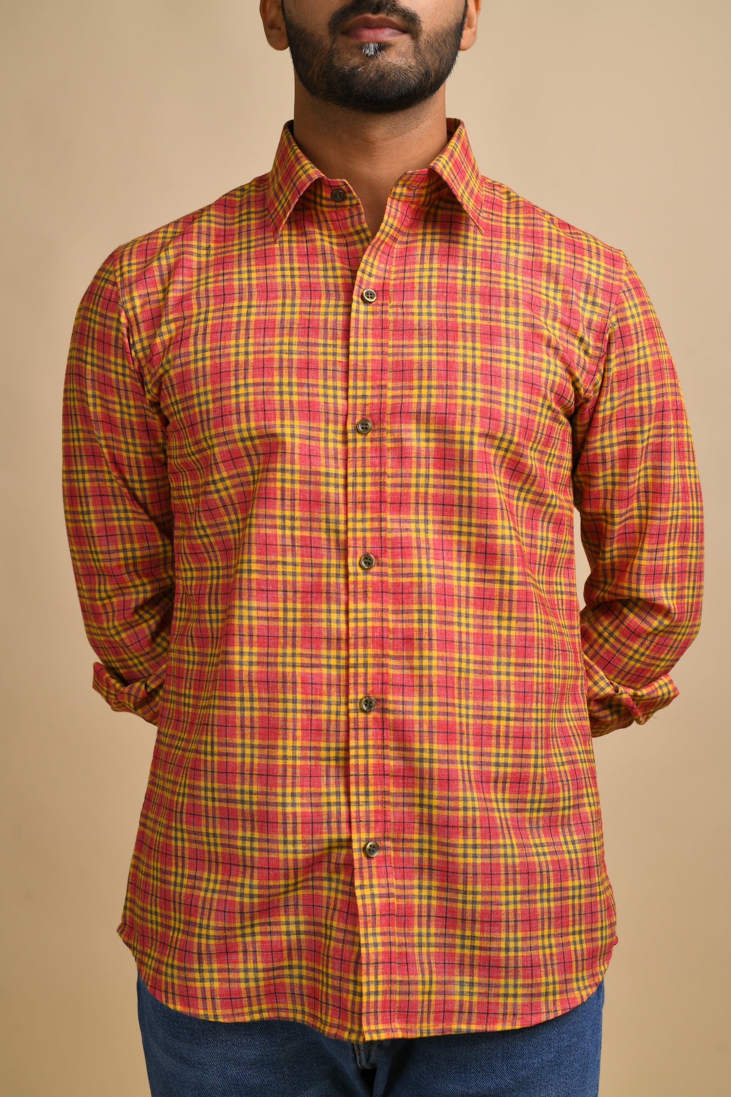 Yellow and Red Oxford Checks Shirt