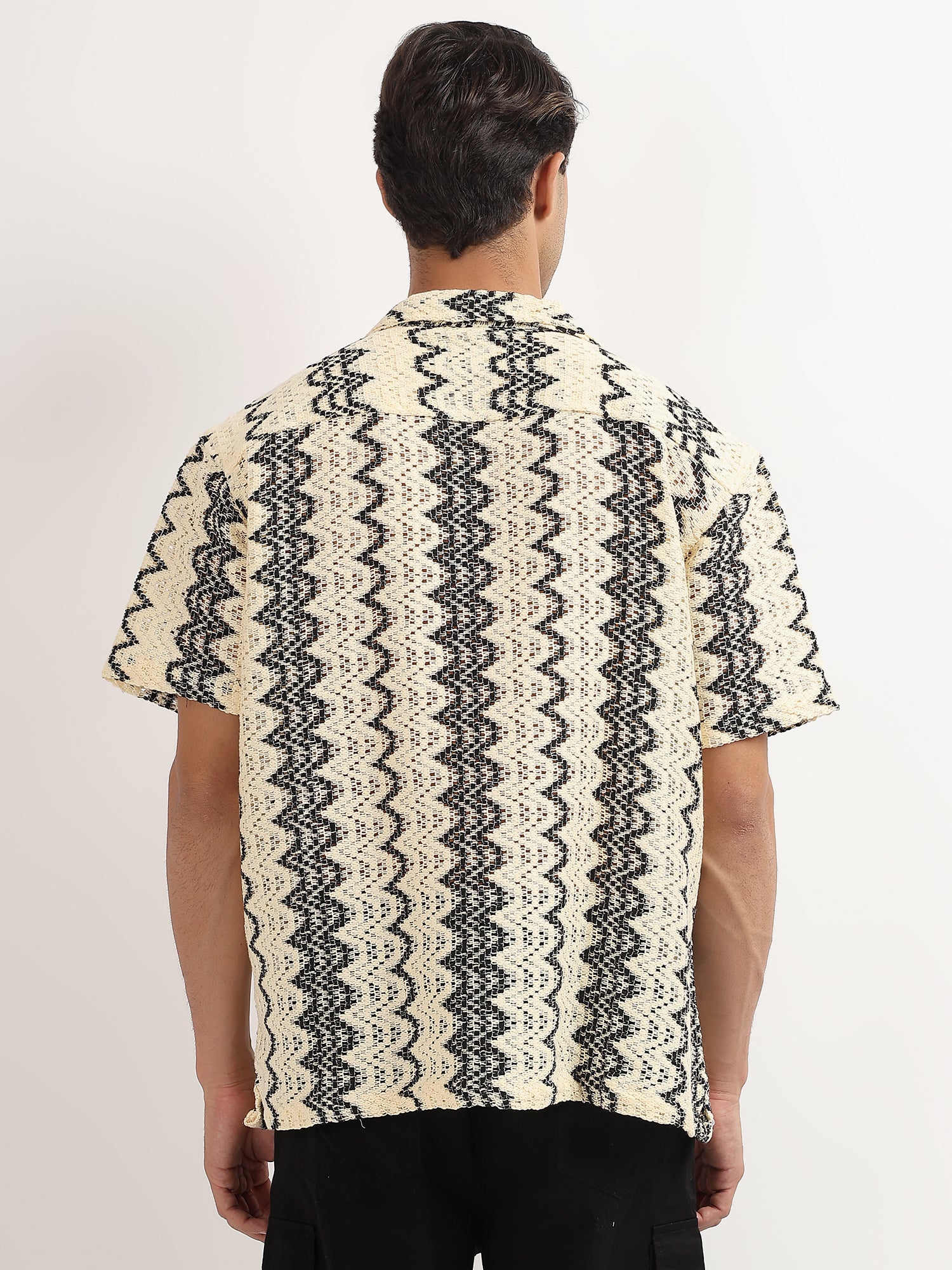 Cream – Black Cotton Knitted Half Sleeves Shirt
