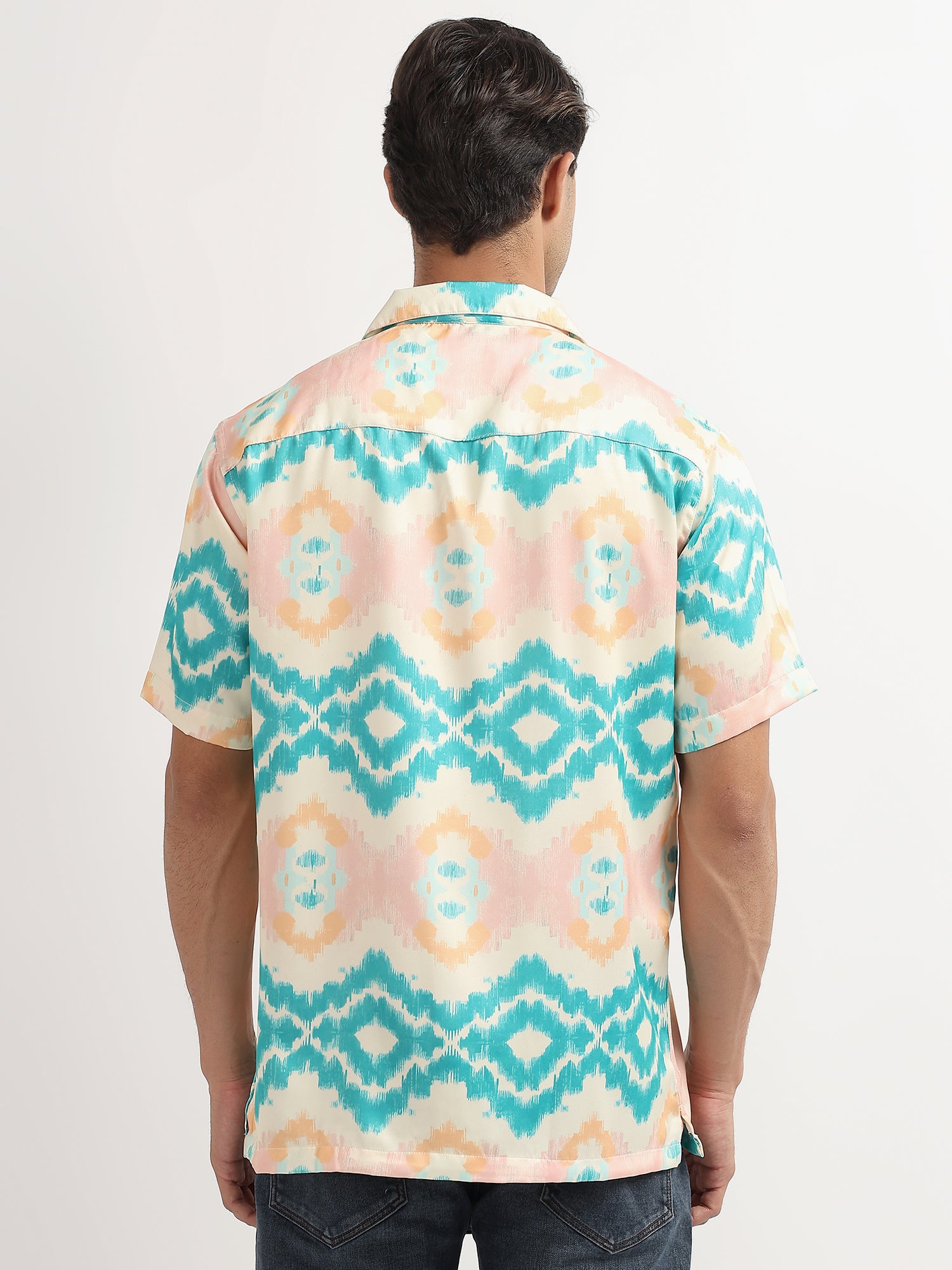 Cream-Blue Ikat Cuban Collar Resort Shirt