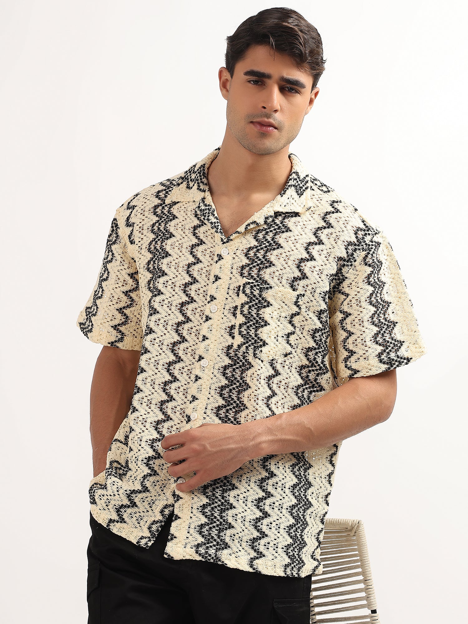 Cream – Black Cotton Knitted Half Sleeves Shirt