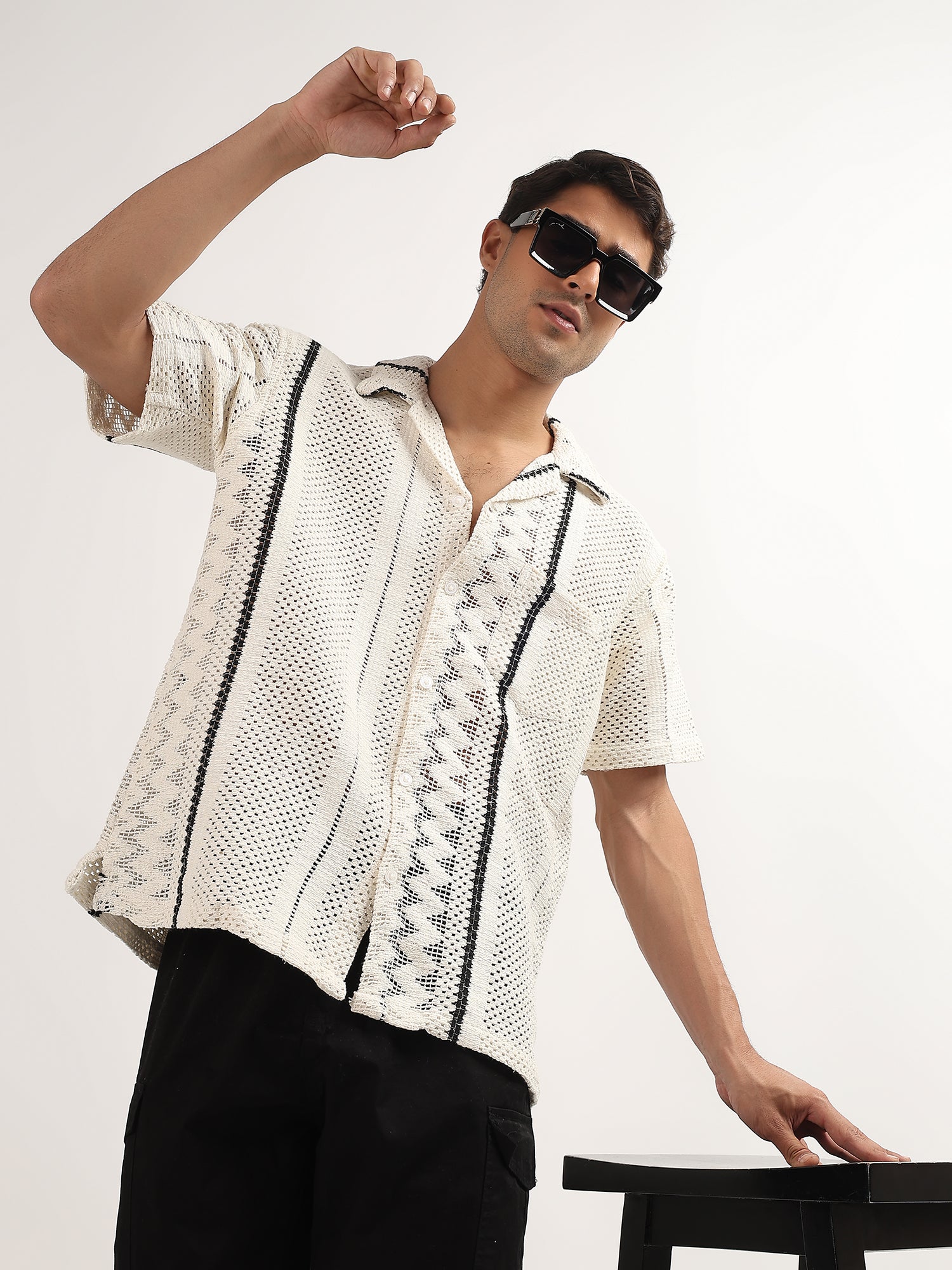 White Knitted Half Sleeves Shirt