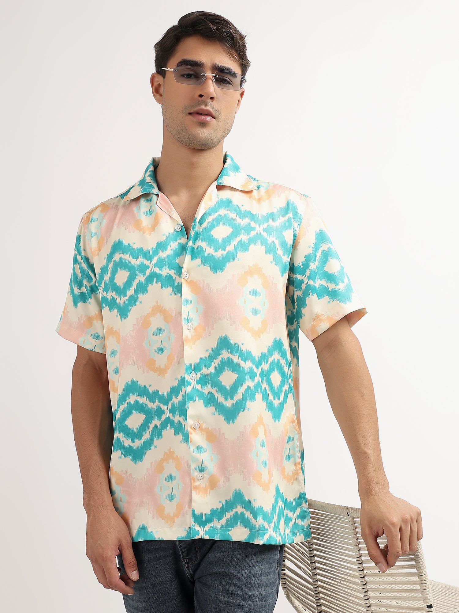 Cream-Blue Ikat Cuban Collar Resort Shirt