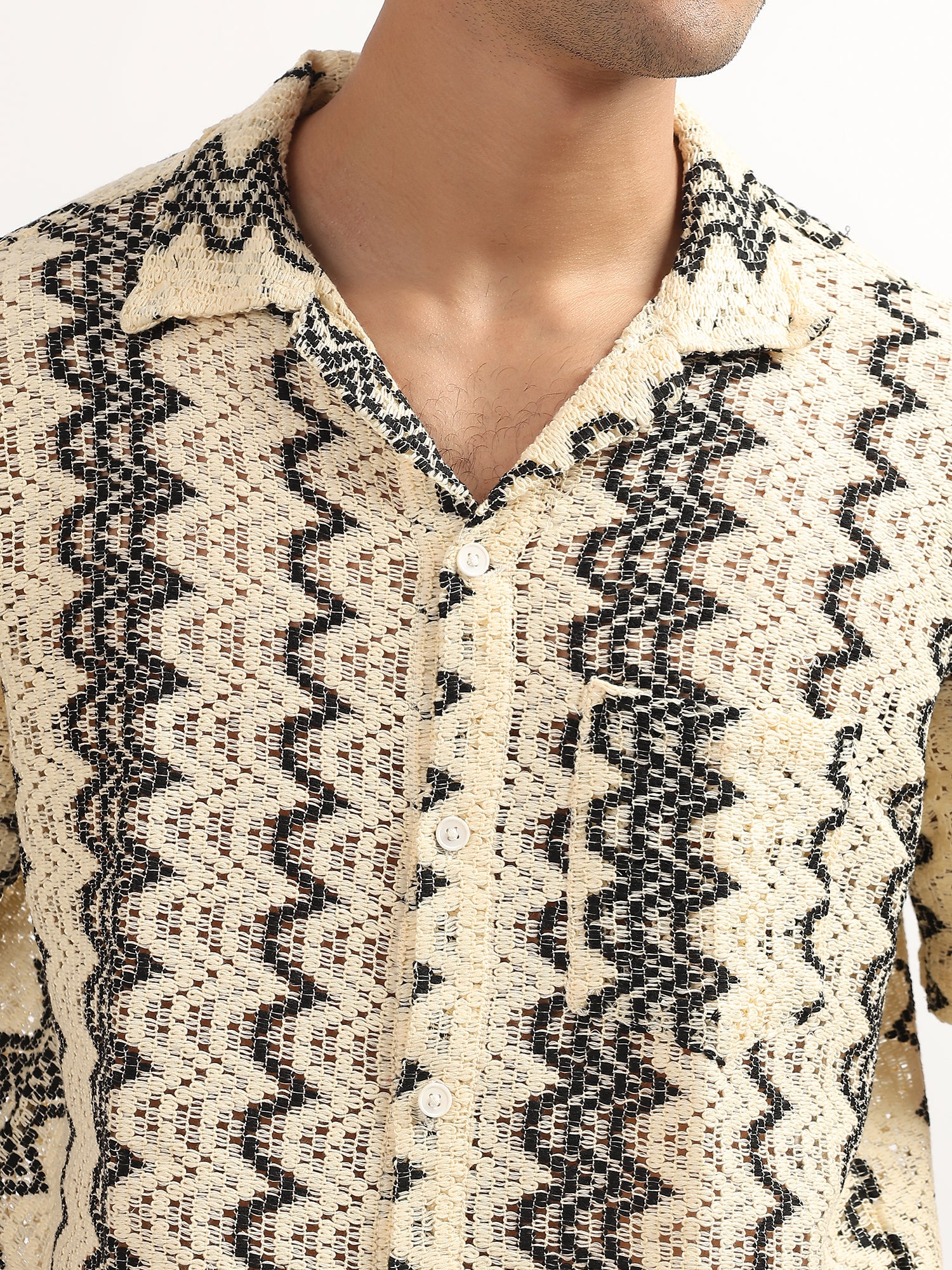 Cream – Black Cotton Knitted Half Sleeves Shirt