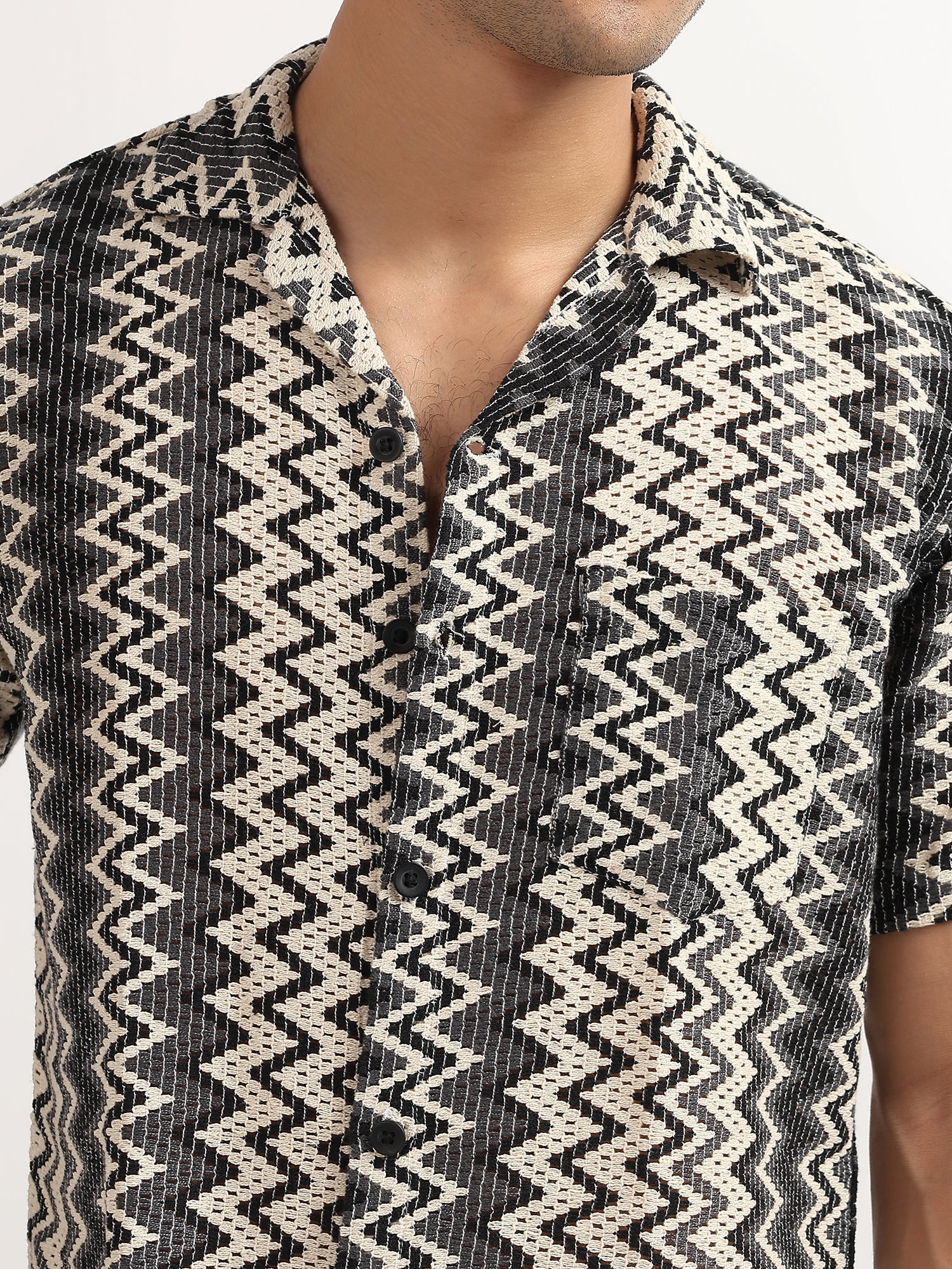 Grey – Cream Zig Zag Knitted Half Sleeves Shirt