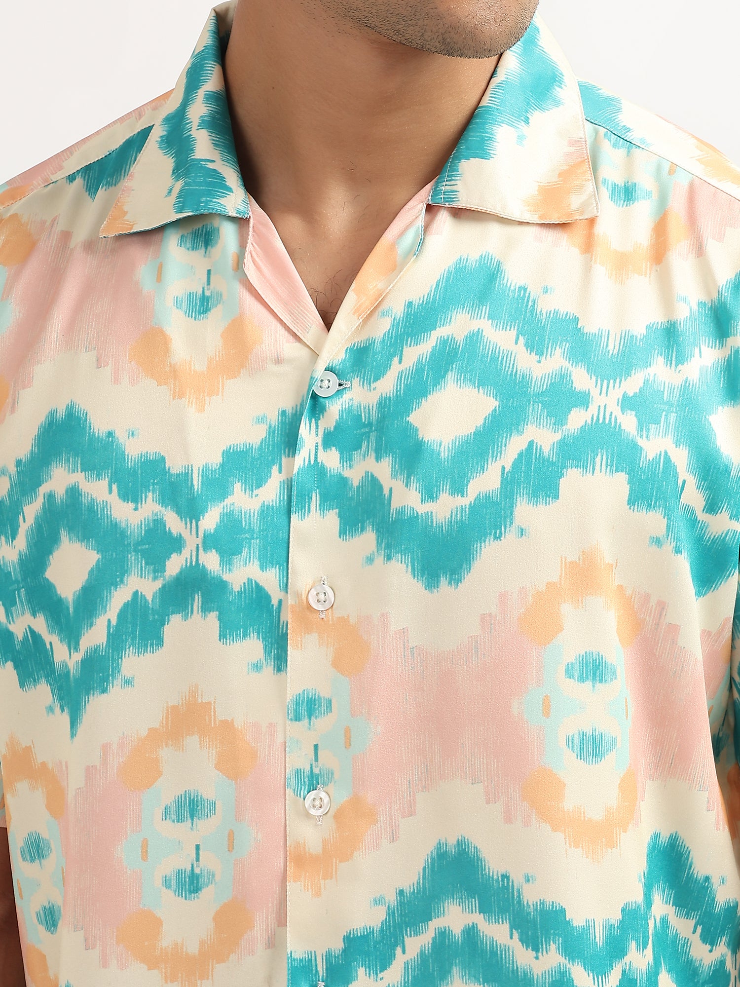 Cream-Blue Ikat Cuban Collar Resort Shirt