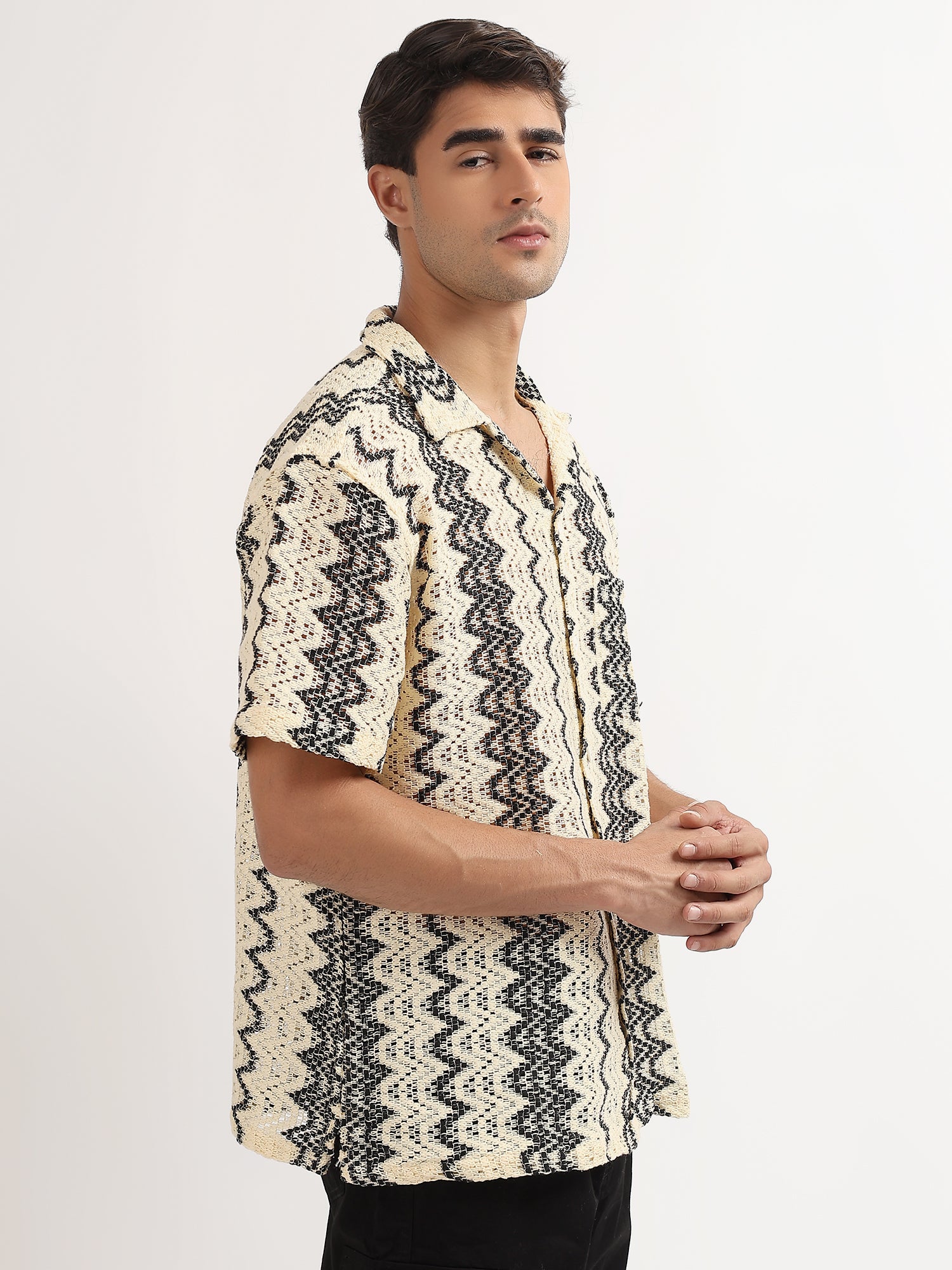 Cream – Black Cotton Knitted Half Sleeves Shirt