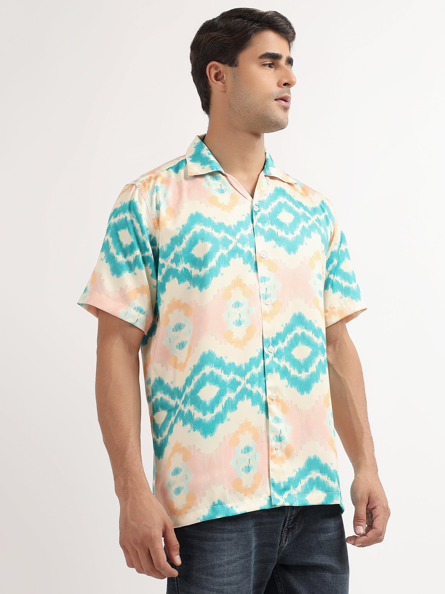 Cream-Blue Ikat Cuban Collar Resort Shirt