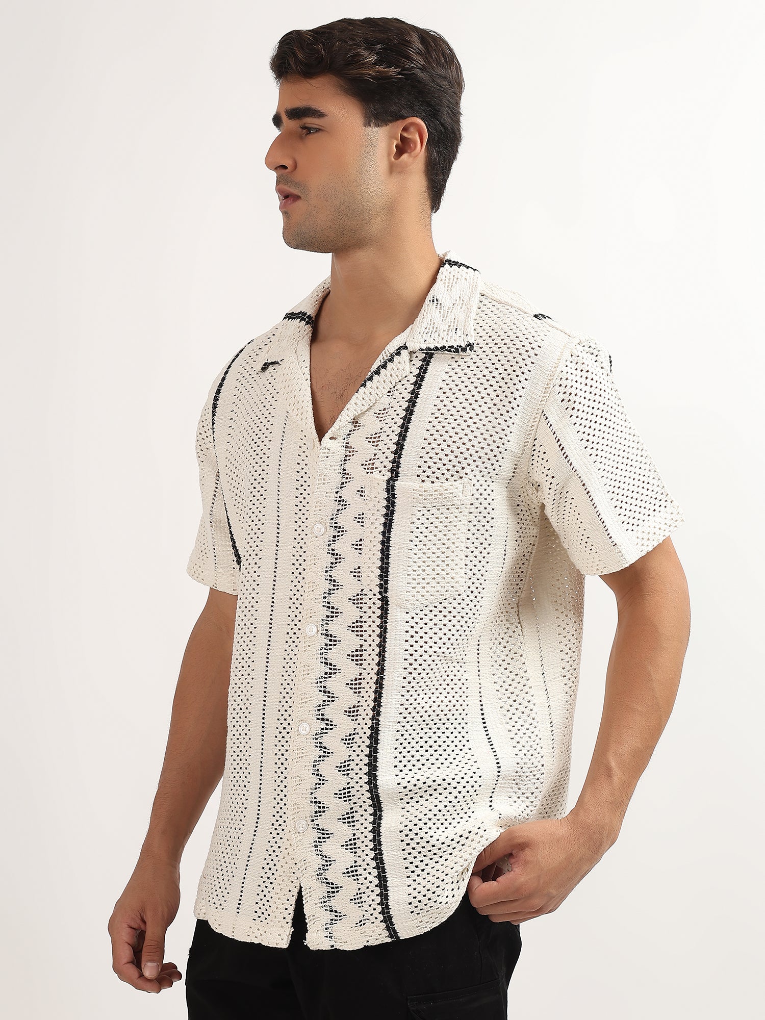 White Knitted Half Sleeves Shirt