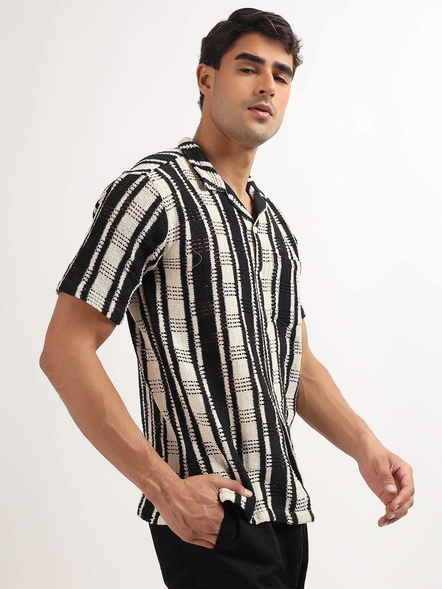Black – White Knitted Half Sleeves Shirt