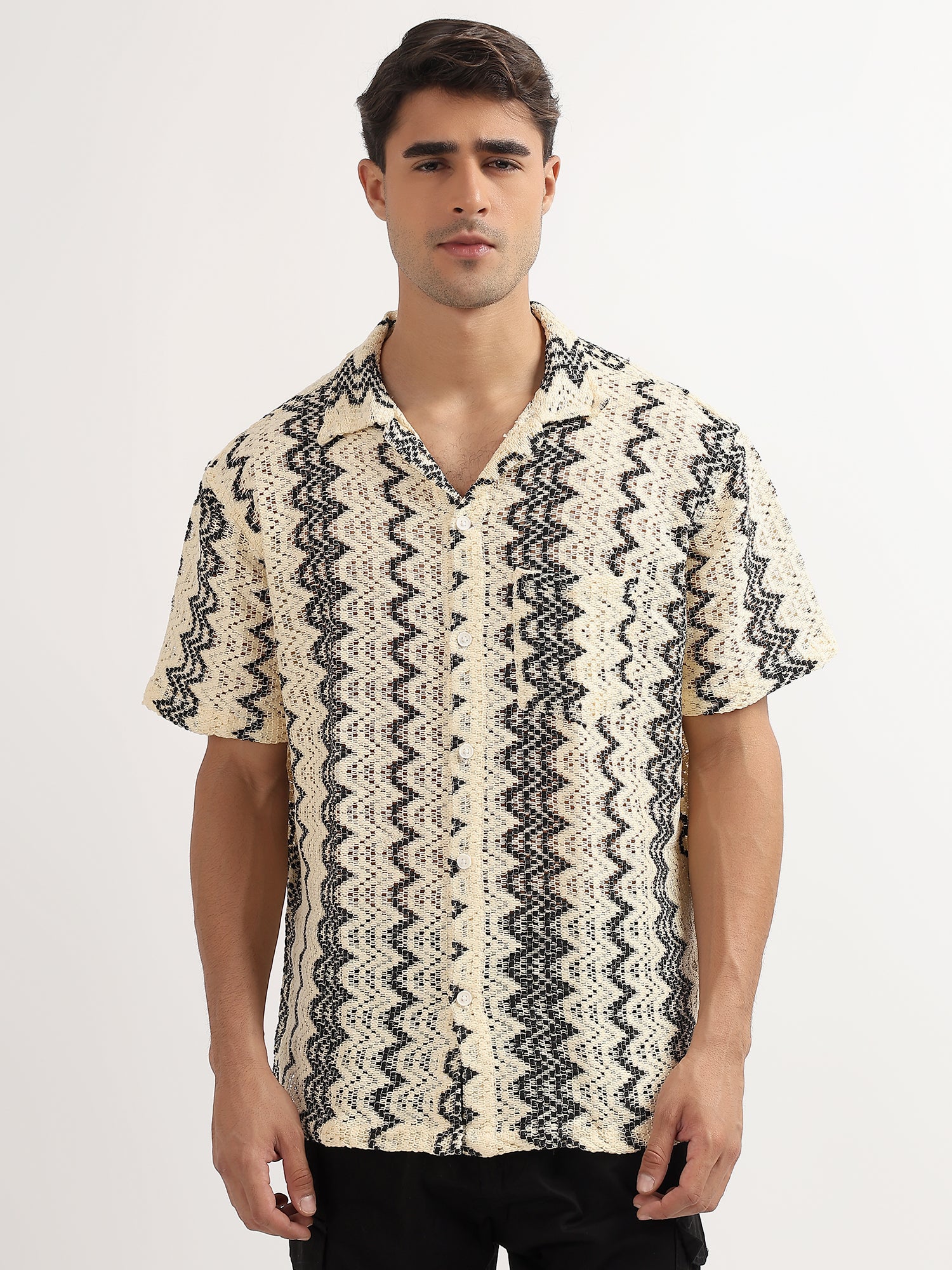 Cream – Black Cotton Knitted Half Sleeves Shirt