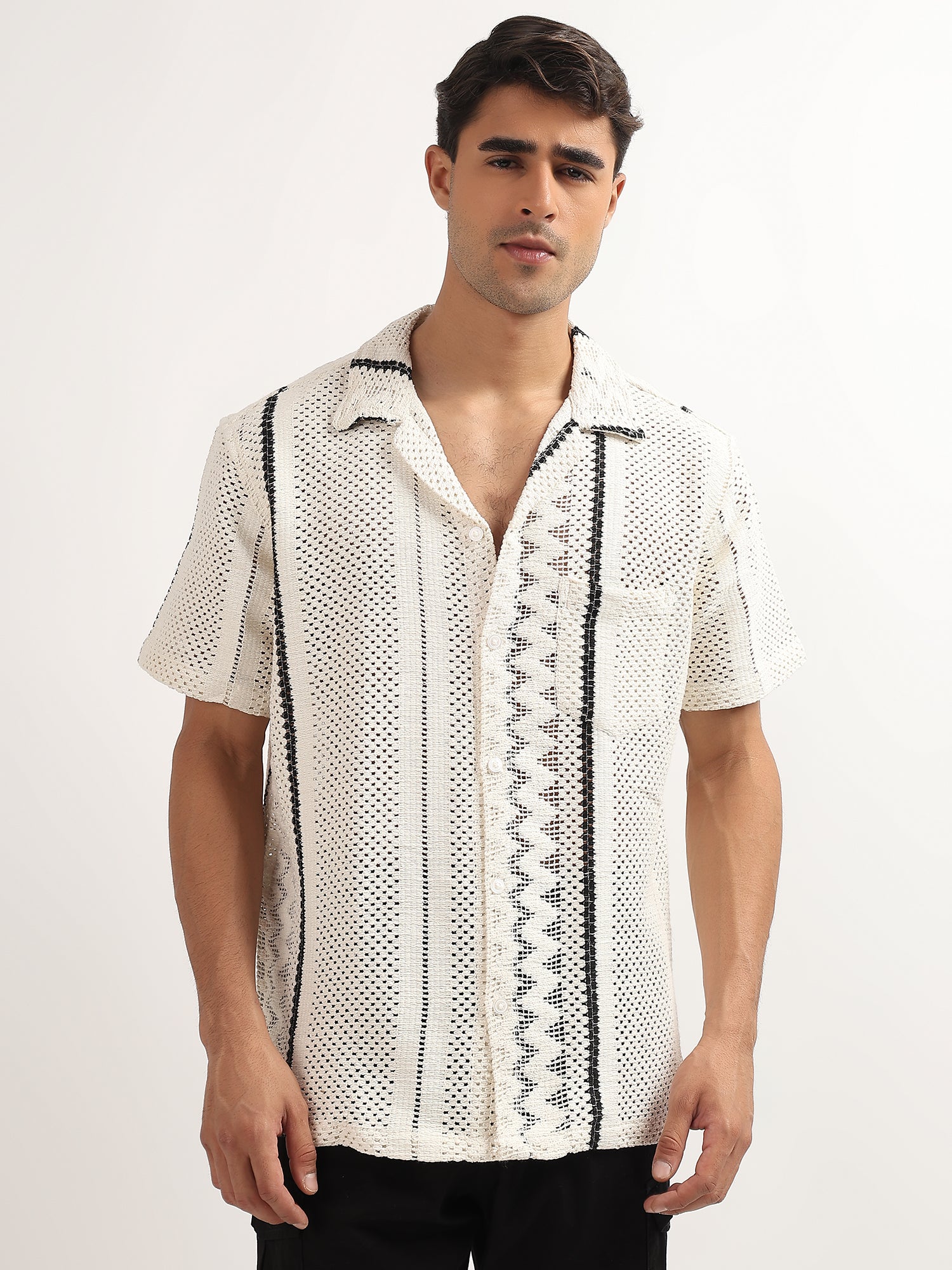 White Knitted Half Sleeves Shirt