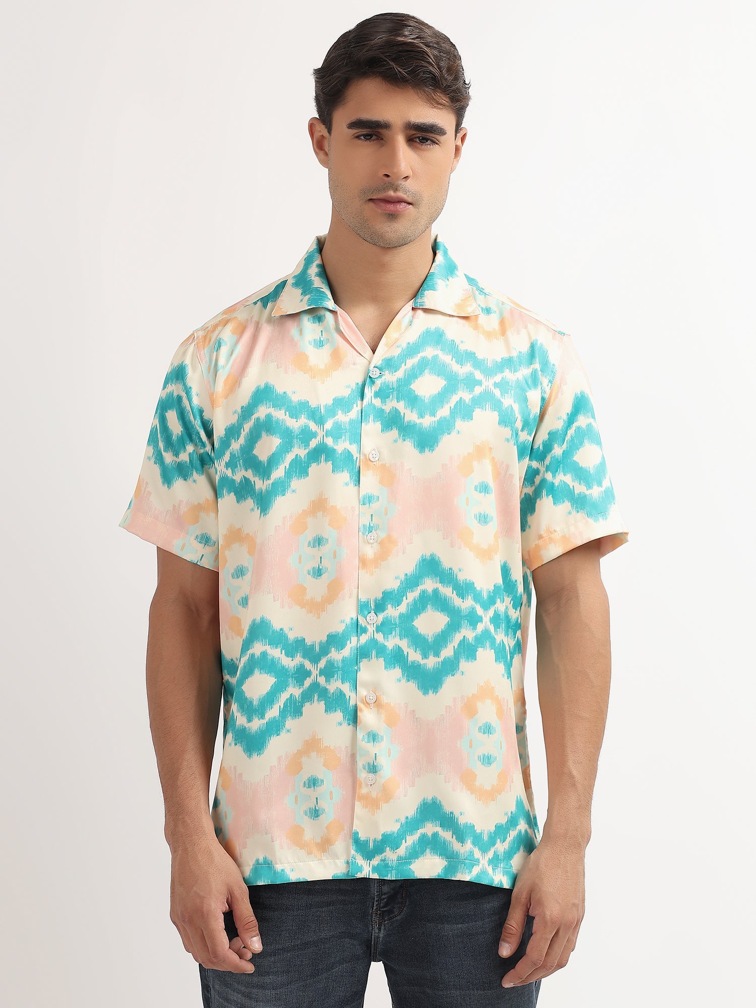 Cream-Blue Ikat Cuban Collar Resort Shirt
