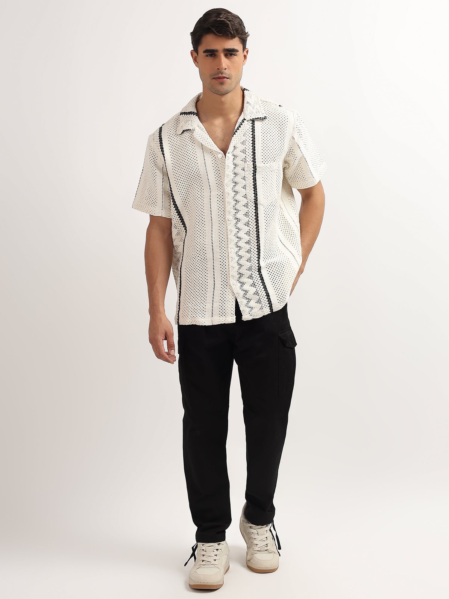 White Knitted Half Sleeves Shirt