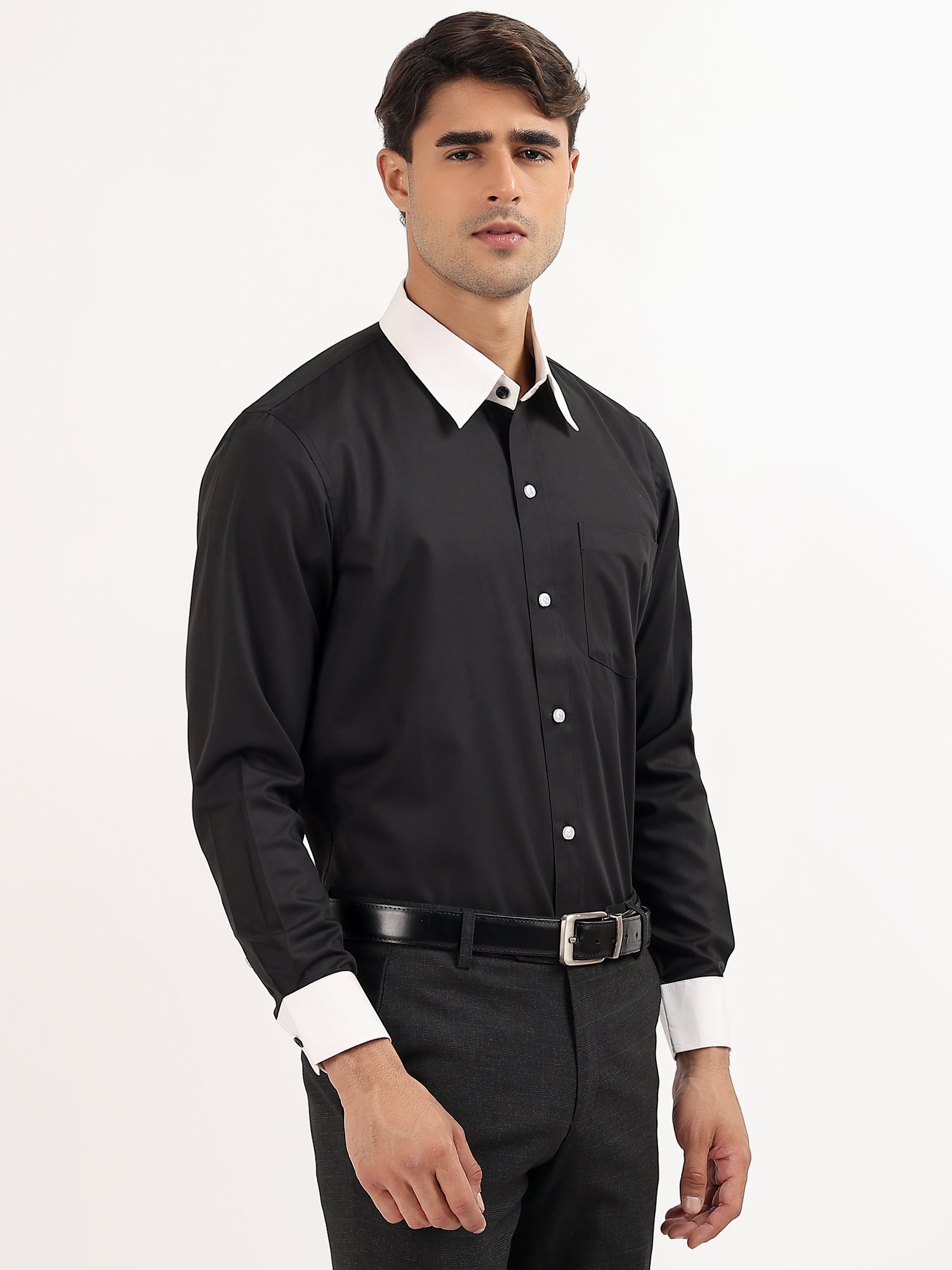 Black Shirt with White Collar and Cuff