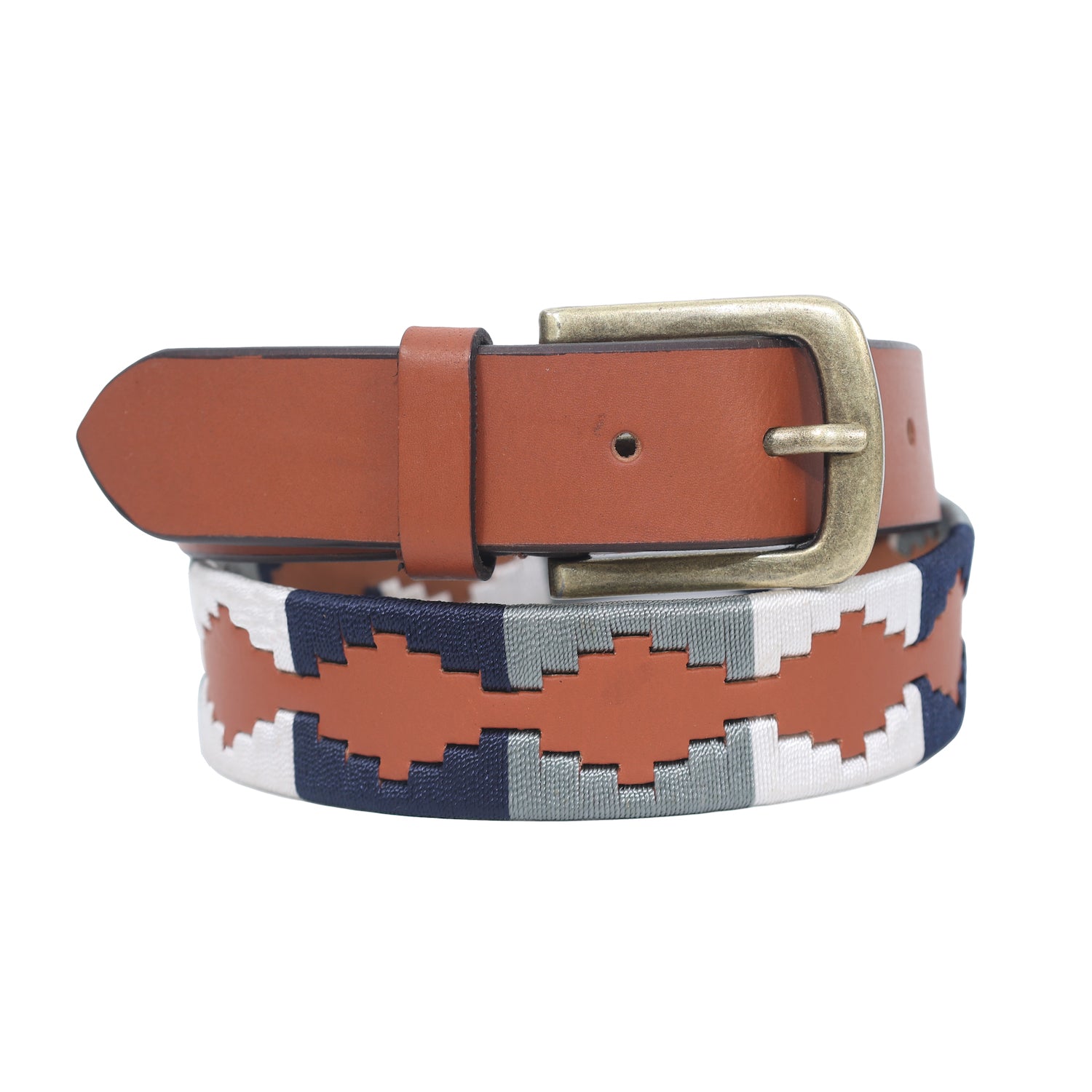Brown Polo Belt with BluexGreyxWhite Detailing
