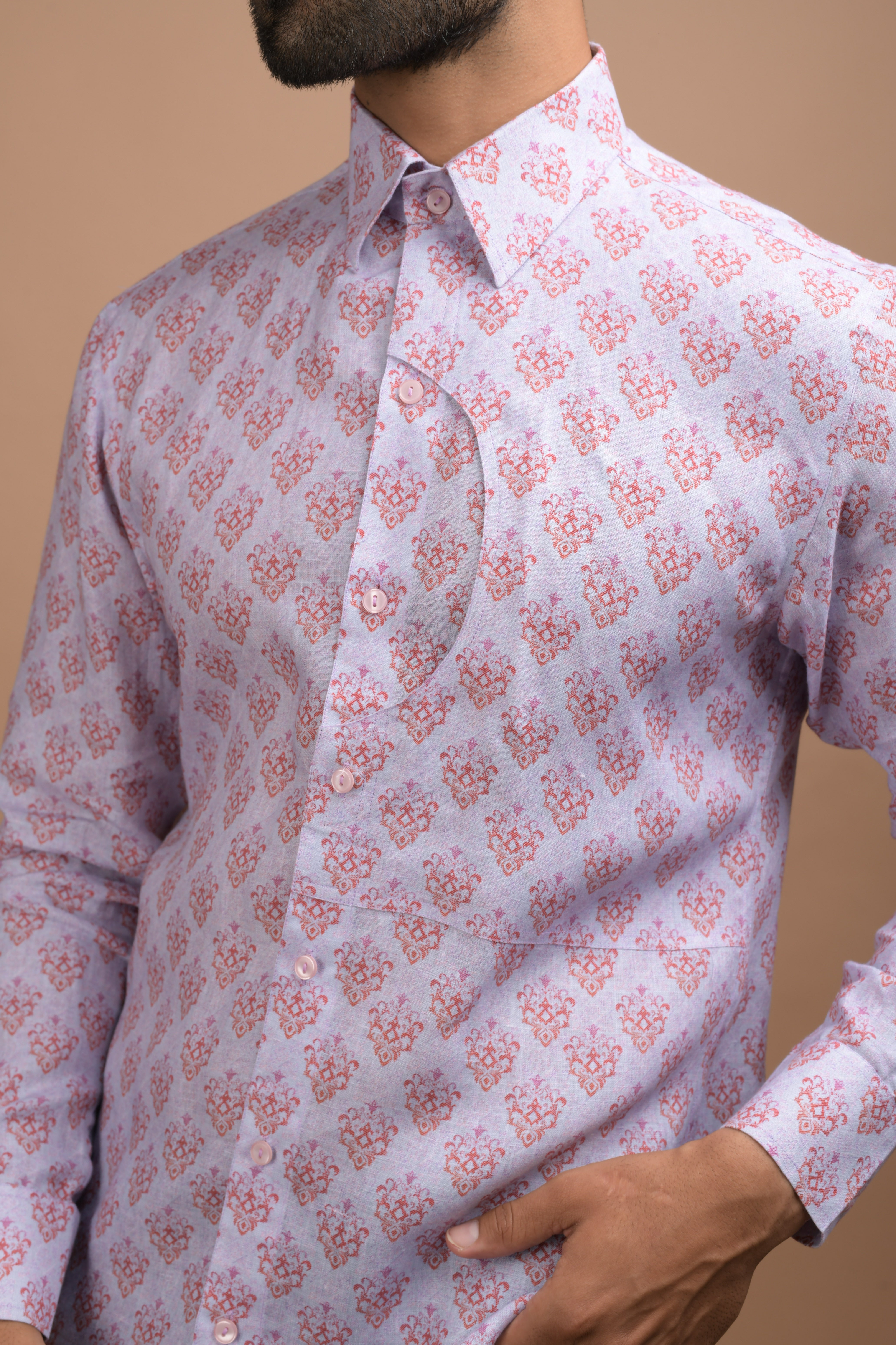 Blue Printed shirt with Moon Cut Pocket