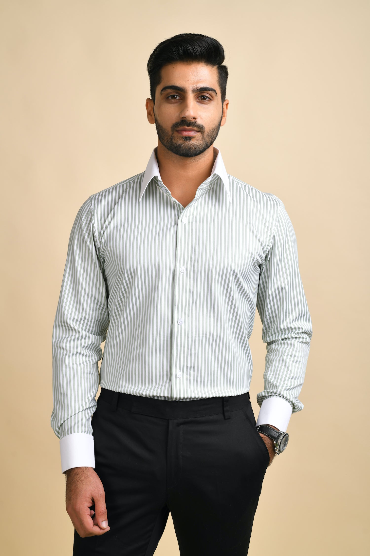 Green Stripes Contrast Collar Shirt