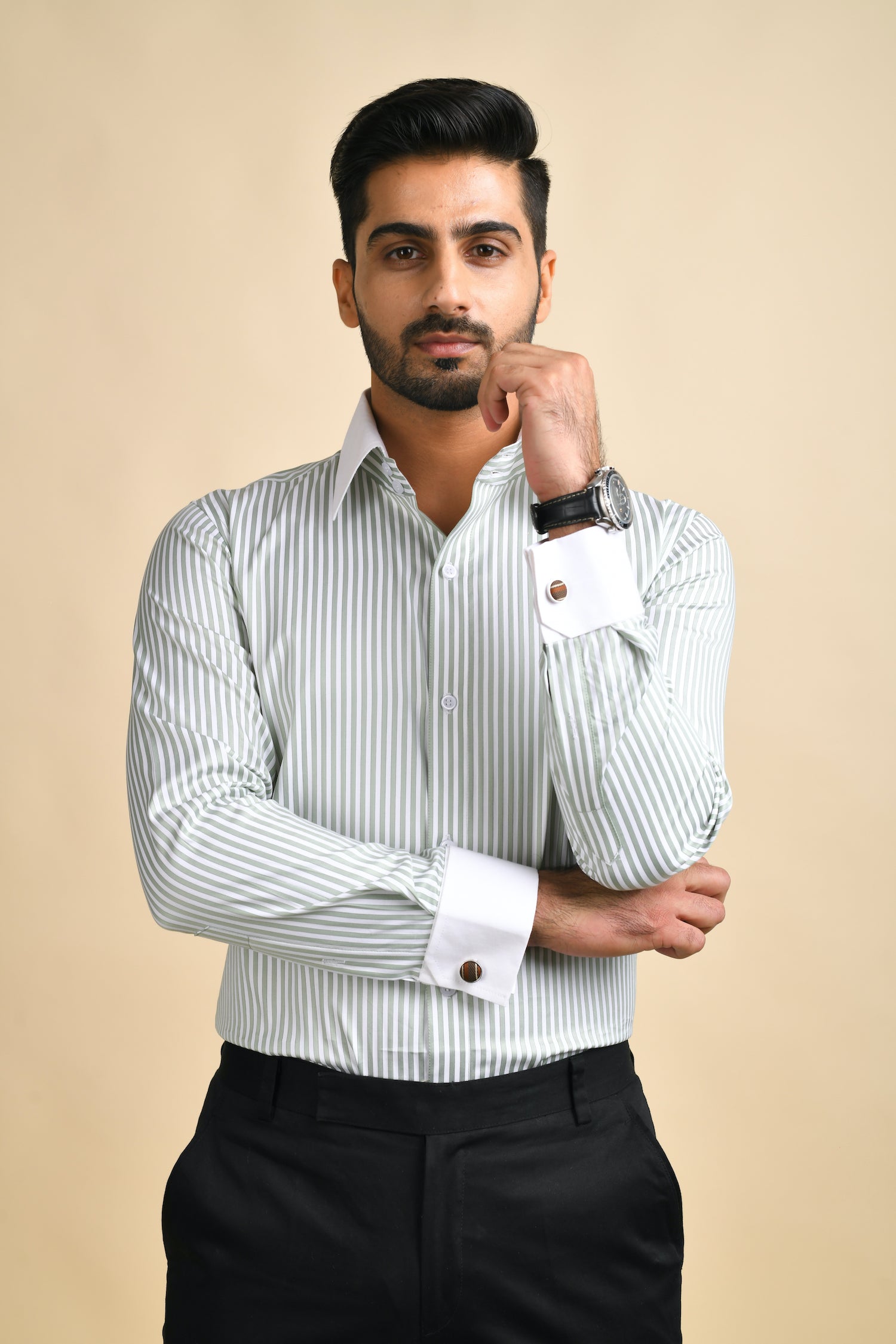 Green Stripes Contrast Collar Shirt