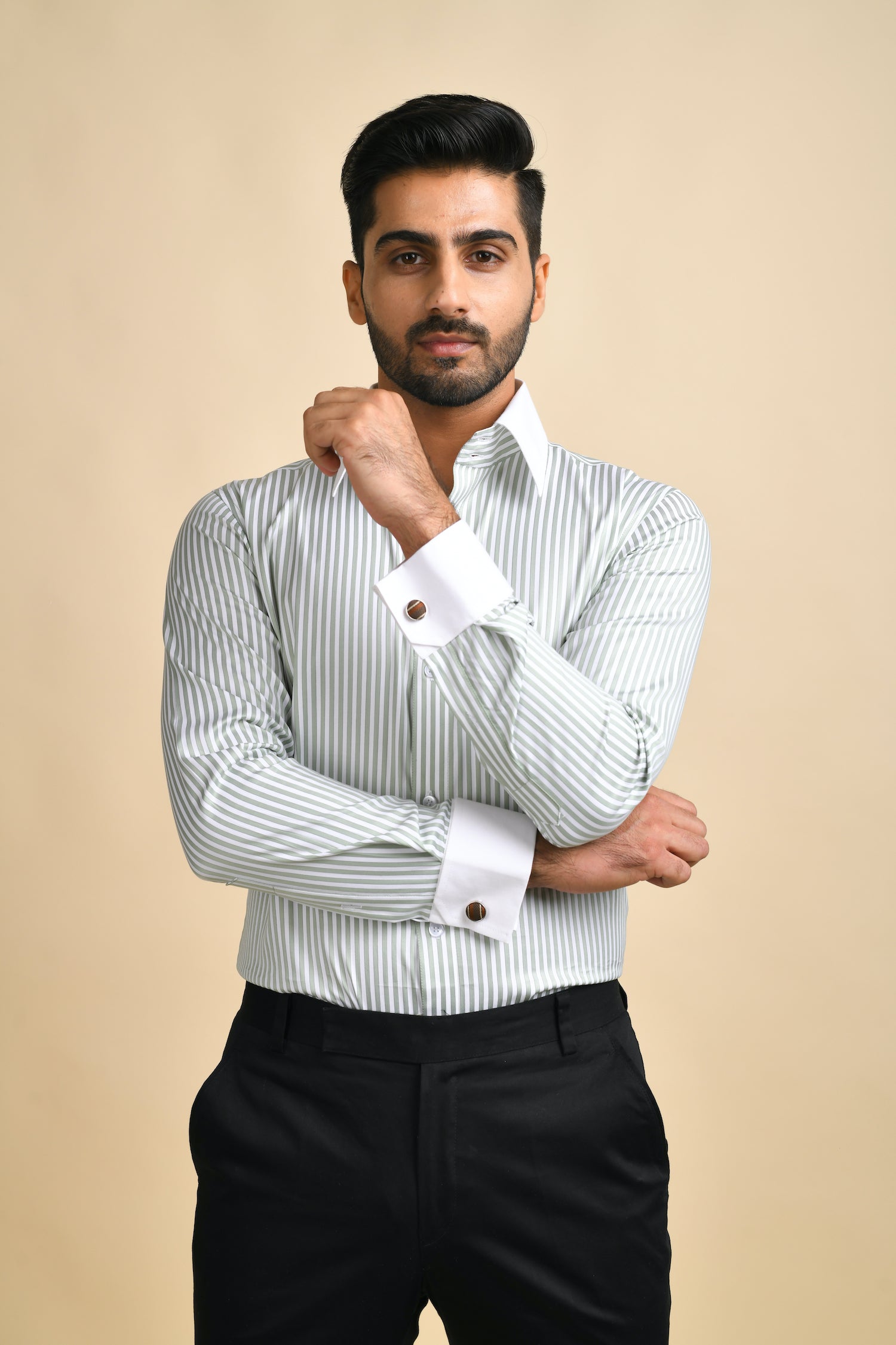 Green Stripes Contrast Collar Shirt