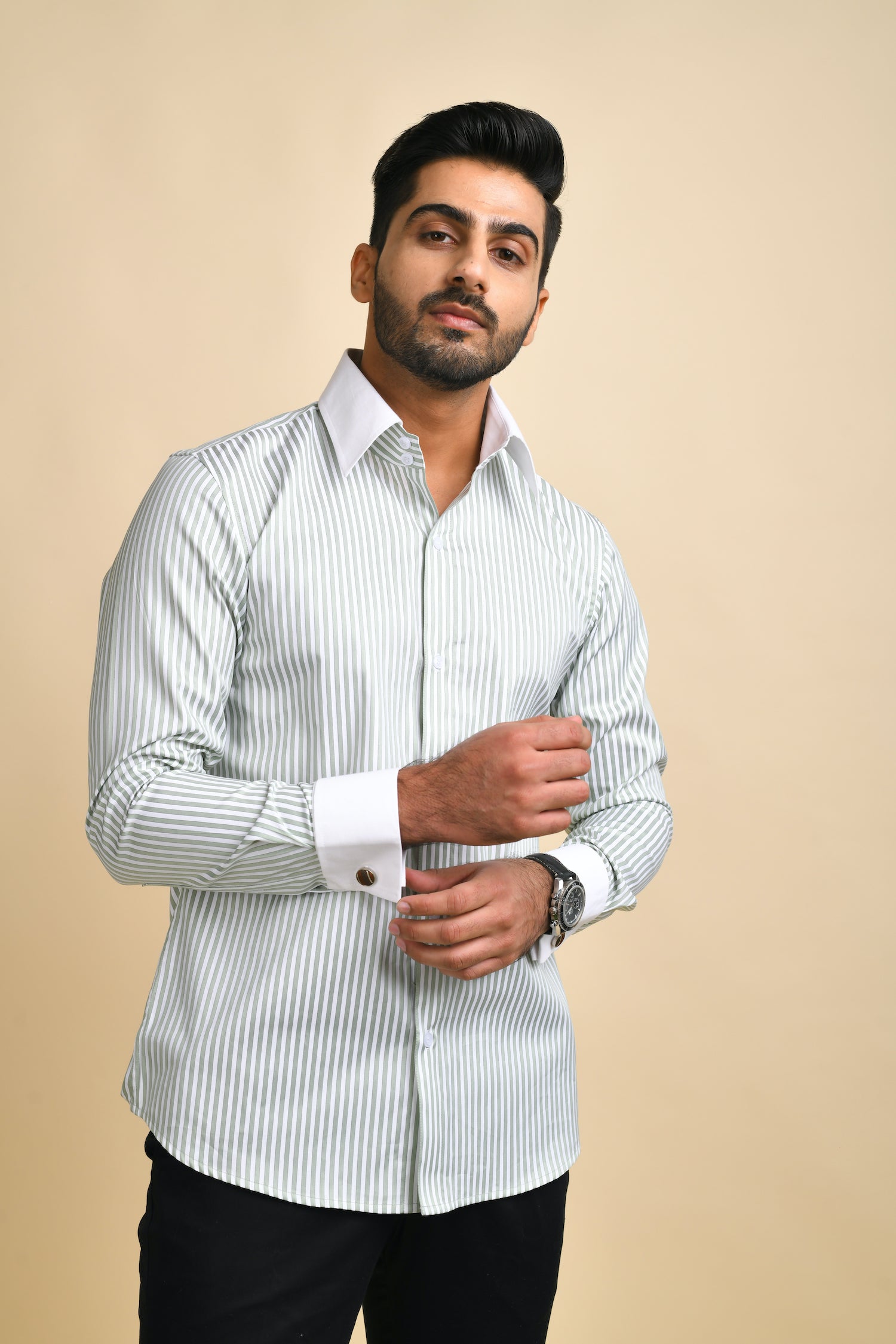 Green Stripes Contrast Collar Shirt