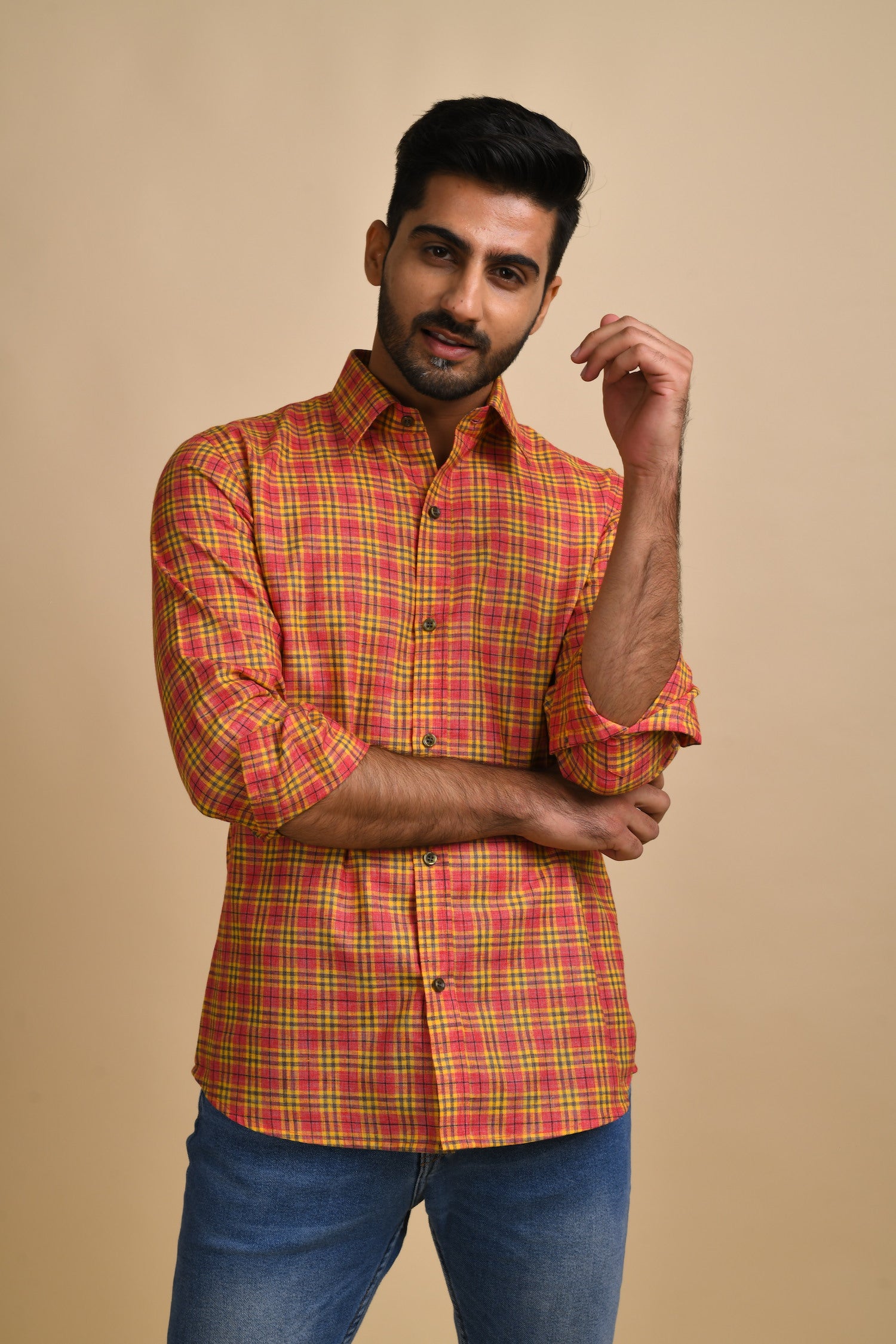 Yellow and Red Oxford Checks Shirt