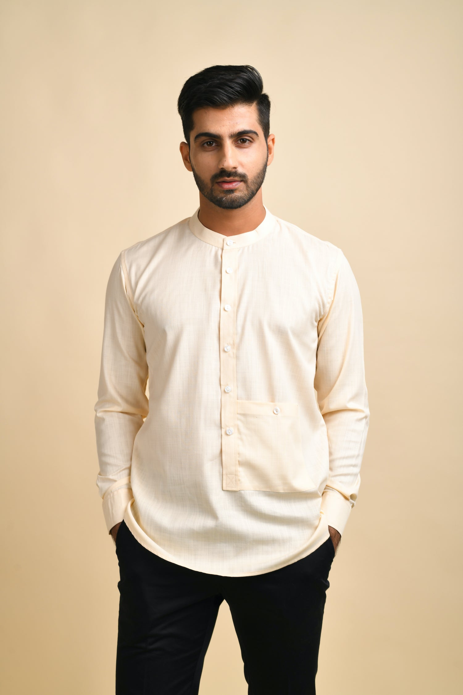 Cream Short Kurta with front Pocket