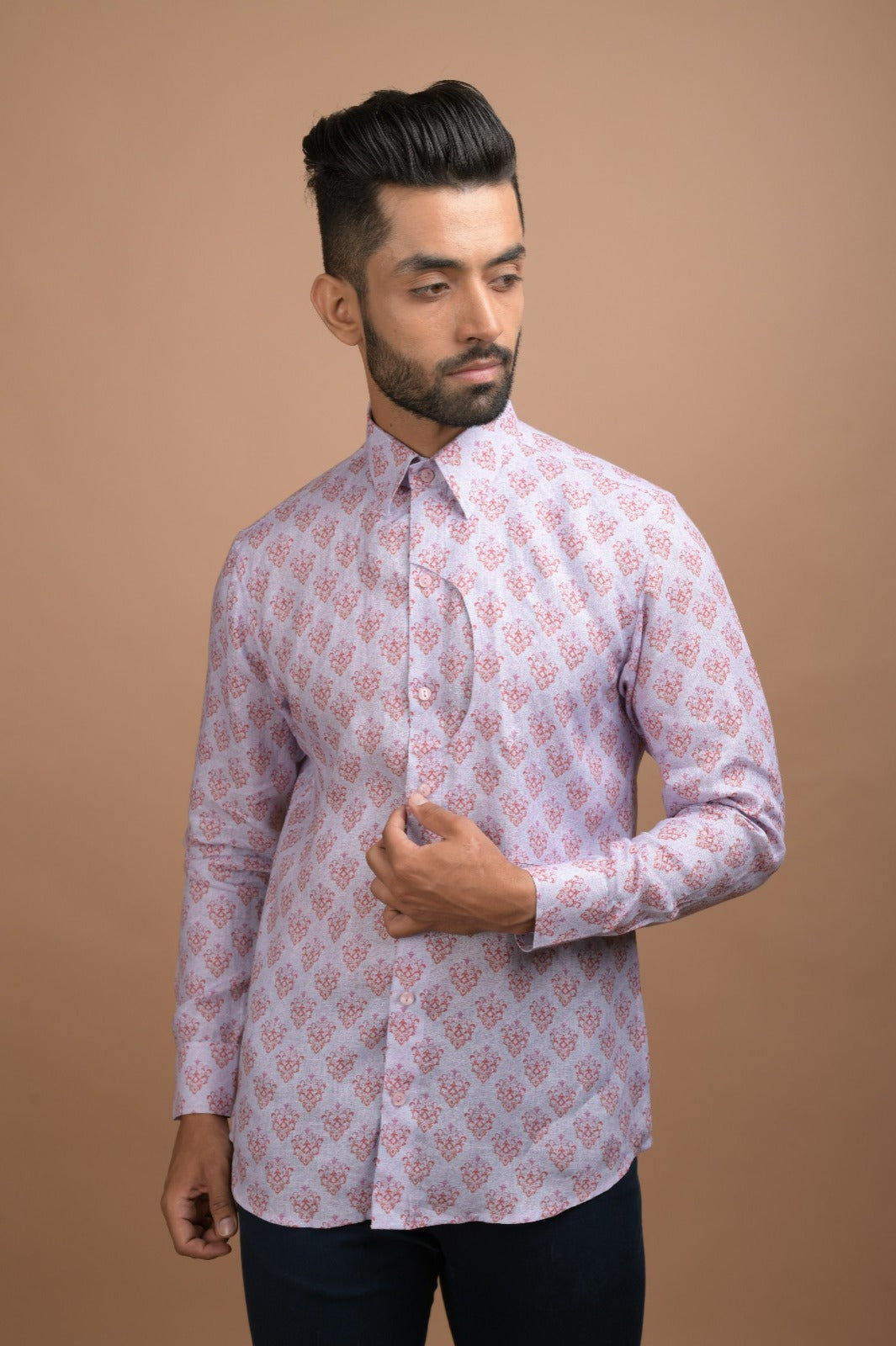 Blue Printed shirt with Moon Cut Pocket